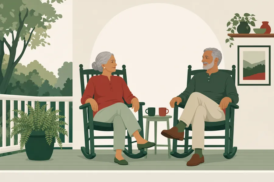 Illustration of an older couple sitting together in rocking chairs on the guest house porch