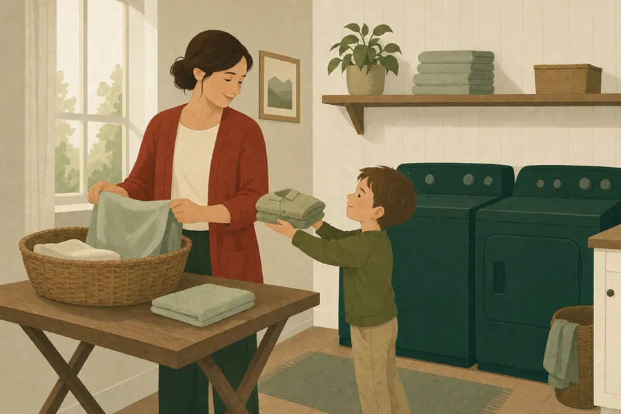 Illustration of a mother folding towels in the guest laundry while her small son hands her a folded shirt