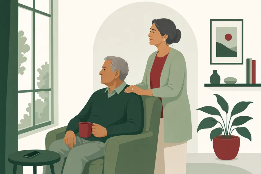 Illustration of an older man waiting by a window with a mug, his wife's hand on his shoulder
