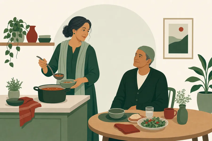 Illustration of a woman serving soup to her husband at a small kitchen table in the guest house
