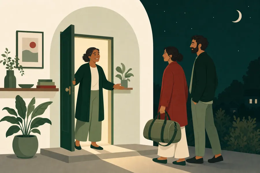 Illustration of an innkeeper opening the front door at night to a couple arriving with a single bag