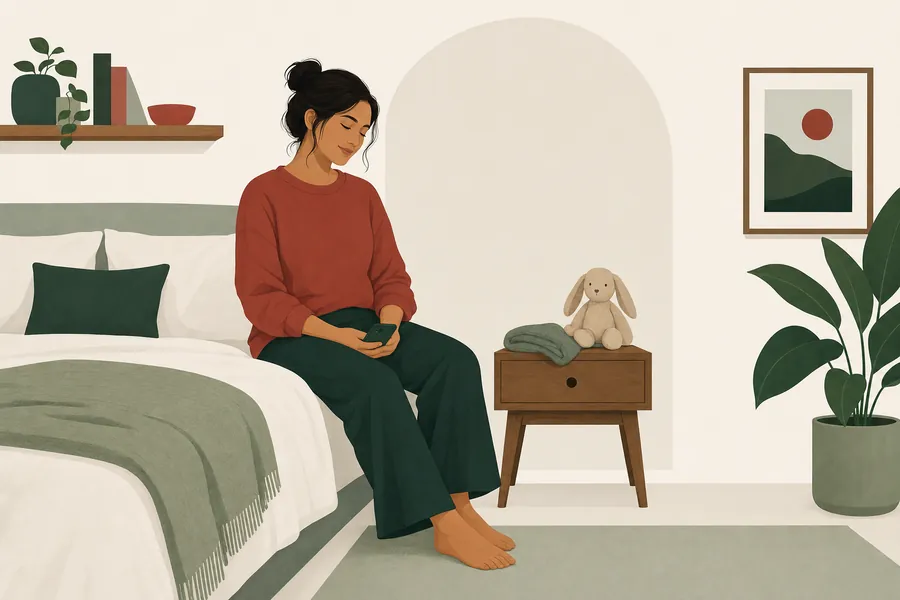 Illustration of a mother resting on the edge of a bed in a quiet guest room, her child's toy rabbit on the bedside table