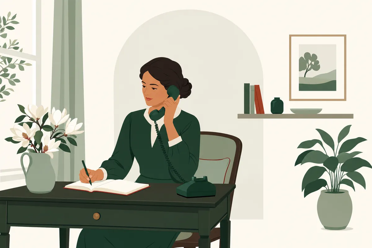 Illustration of an innkeeper at a writing desk, telephone to her ear, taking down a booking in an open notebook
