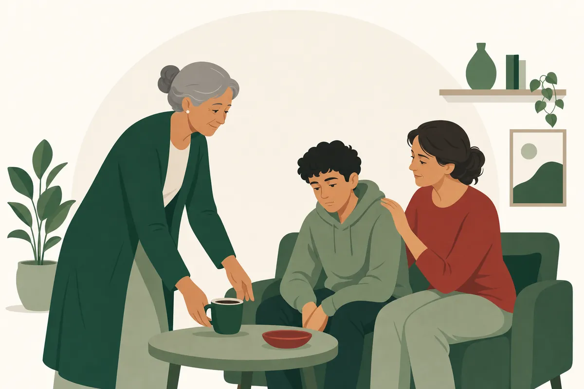Illustration of an innkeeper setting down a cup of coffee for a mother and her teenage son, who are seated together in a quiet sitting room